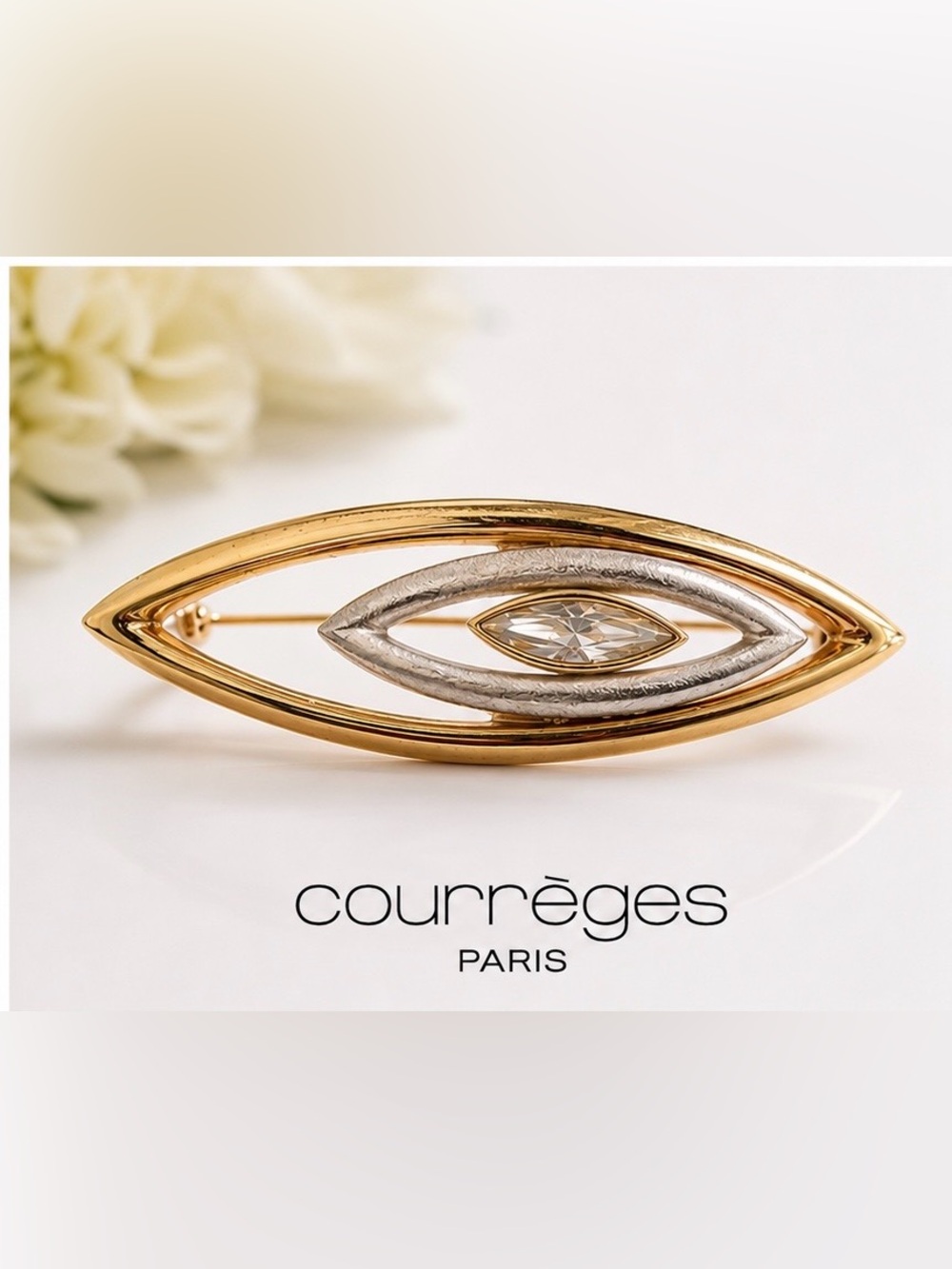 ✨🩶Vintage Signed Courrèges Paris Two-Tone Crystal Brooch | Space Age Designer🩶✨
